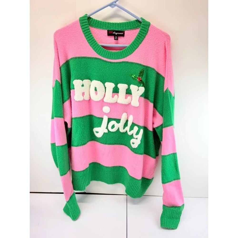 33 Degrees Holly Jolly Ugly Christmas Sweater Pink Green Striped Womens XL